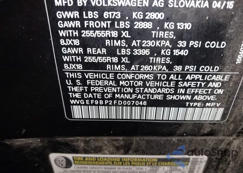 2015 Volkswagen Touareg V6 Sport from USA, damaged, VIN WVGEF9BP2FD007046
